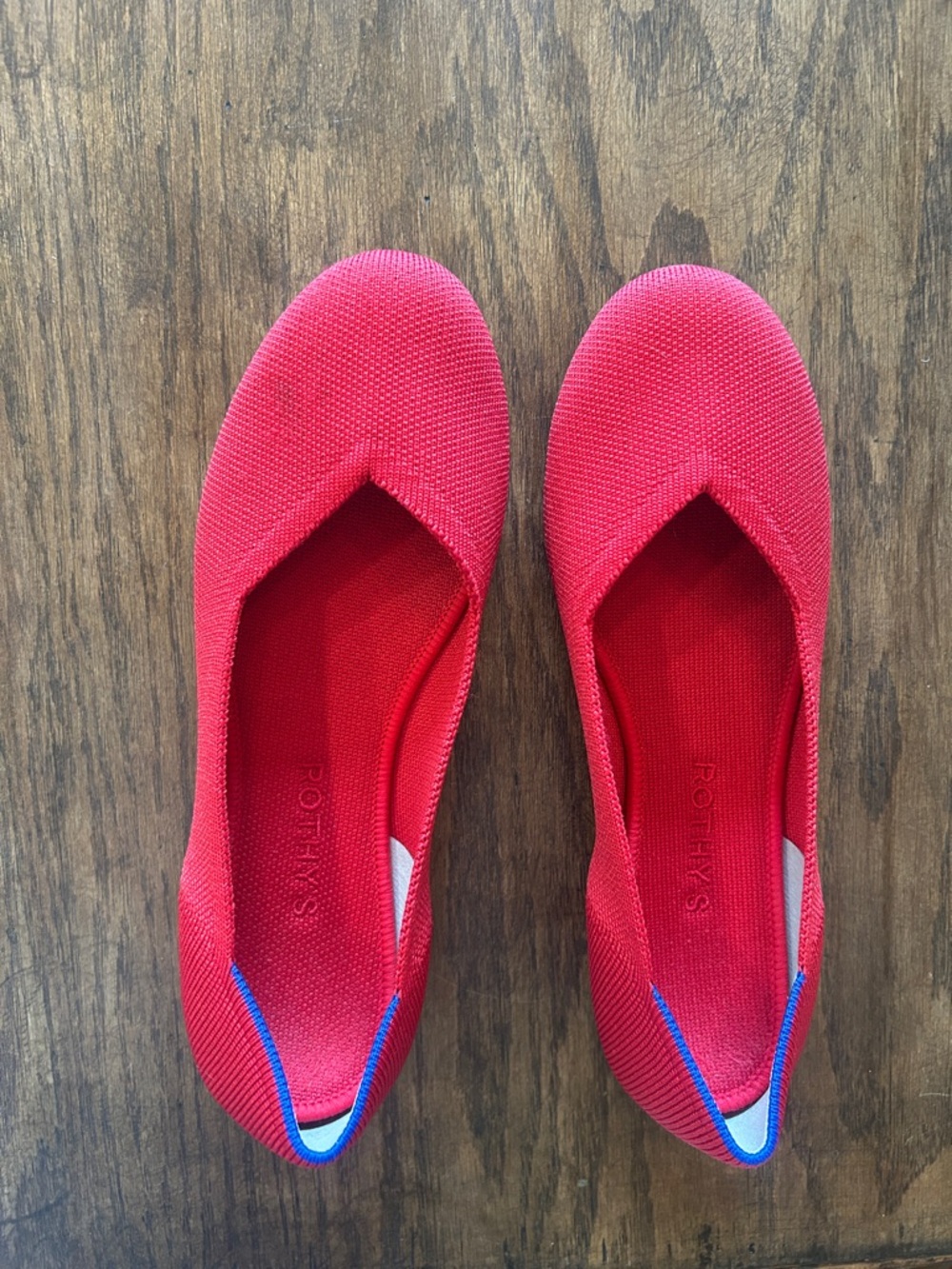 Rothy's Bright Red Knit Slip-On Flats with Blue Trim